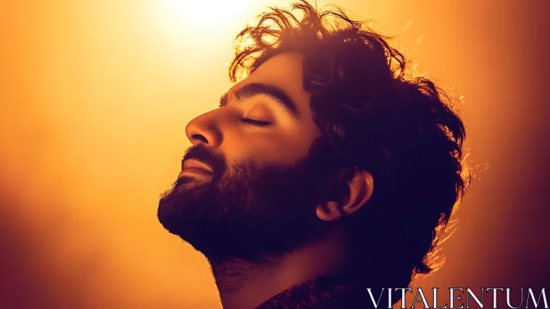 Serene bearded man in warm golden sunset glow meditates.