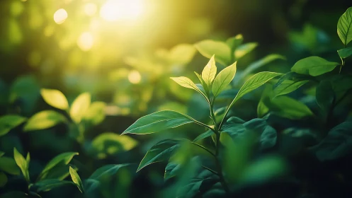 Vibrant green leaves in morning sunlight, nature photography style.