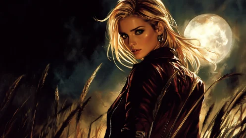 Woman in leather jacket in moonlit field at night.