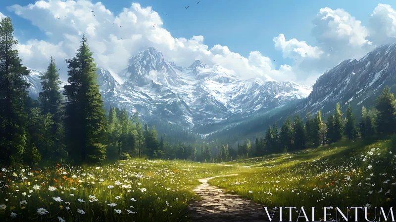 Mountain meadow path under clear sky with wildflowers.