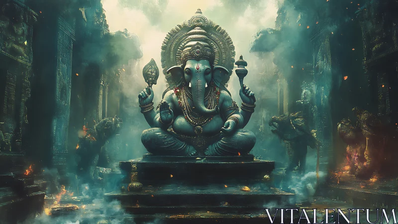 Divine Ganesha idol radiates power in misty ruined temple.