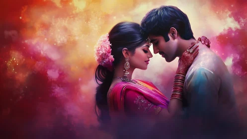 Romantic Indian couple in golden haze. A dreamy portrait.