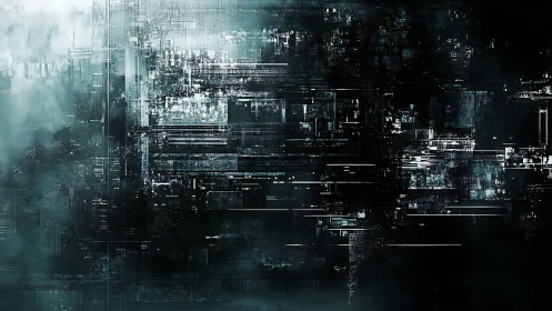 Glowing cyber city grid shimmers through misty digital night