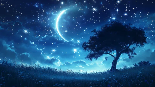 Luminous crescent moon above solitary hillside tree at night