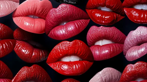 Glossy lipstick closeup collage in bold red and pink tones.