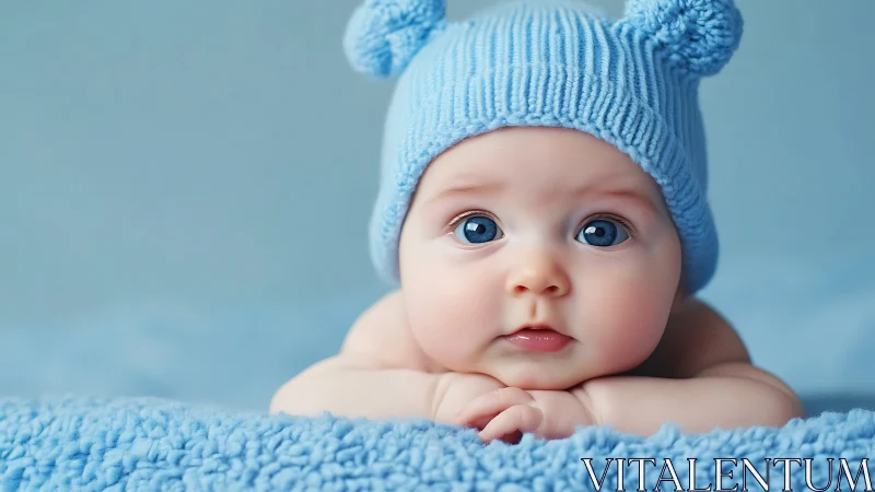 Infant in Blue Knit Hat on Textured Blanket