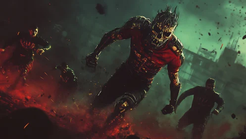 Fierce skull-faced runner charges through fiery wasteland.