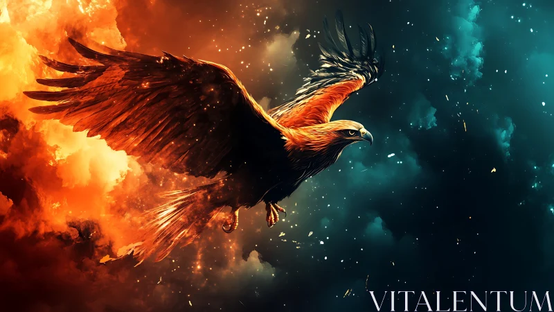 Majestic fiery eagle soaring in dramatic digital fantasy artwork.