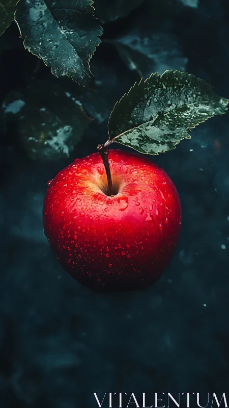 Red apple with leaf against dark blurred background.