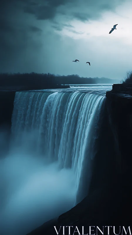 Photorealistic dusk waterfall study with avian silhouettes.