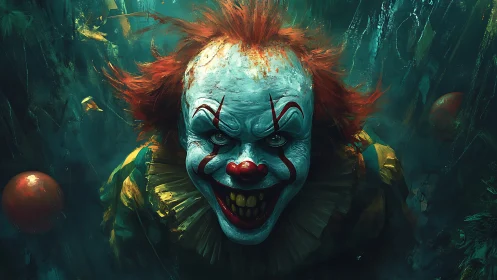 Sinister clown portrait in dark underwater-like environment.