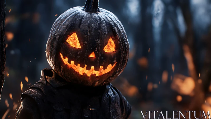 Smoldering jack o lantern figure in rain soaked haunted forest