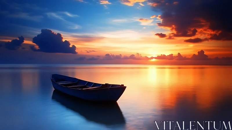 Solitary rowboat on glassy sea at blazing sunset horizon.