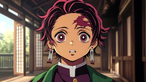 Anime boy with scar and earrings in wooden hallway scene.