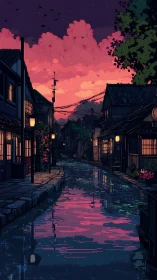 Canal street at dusk with pixelated buildings and sky.