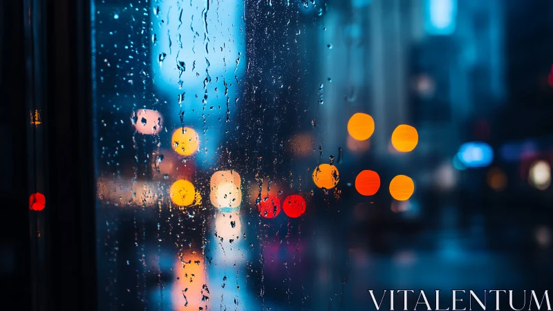 Rain streaks on window reveal blurred urban night lights