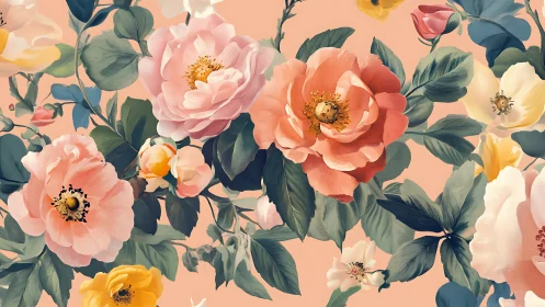 Blooming Garden: Pink, Coral, Yellow Florals on Peach.