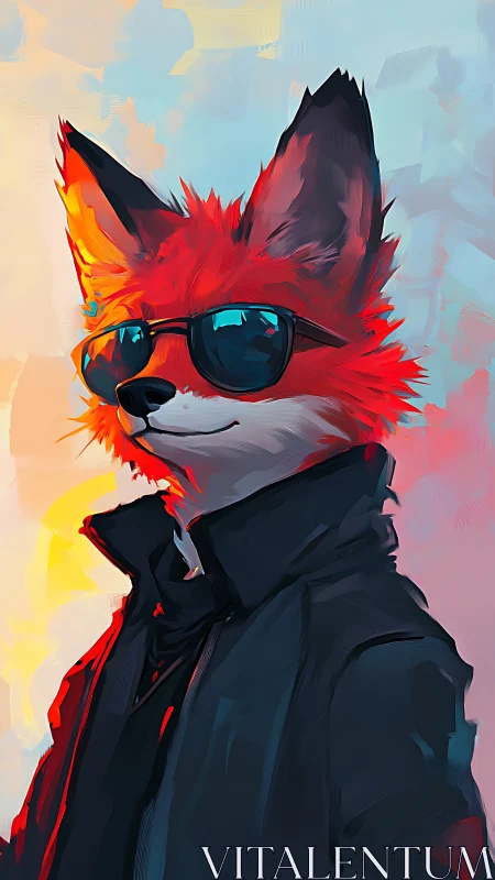 Cool anthropomorphic fox in sunglasses and dark coat.