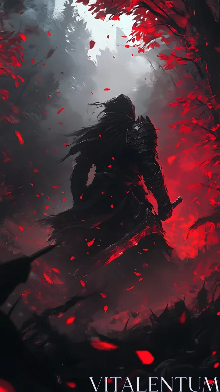 Dark armored warrior in red leaf stormed forest path.