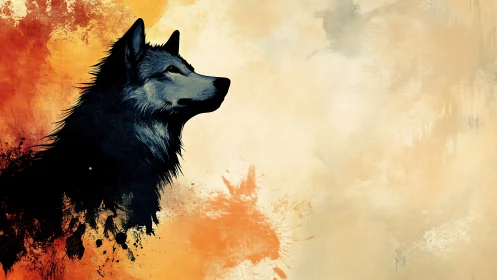 Wolf profile emerges against warm abstract splatter field