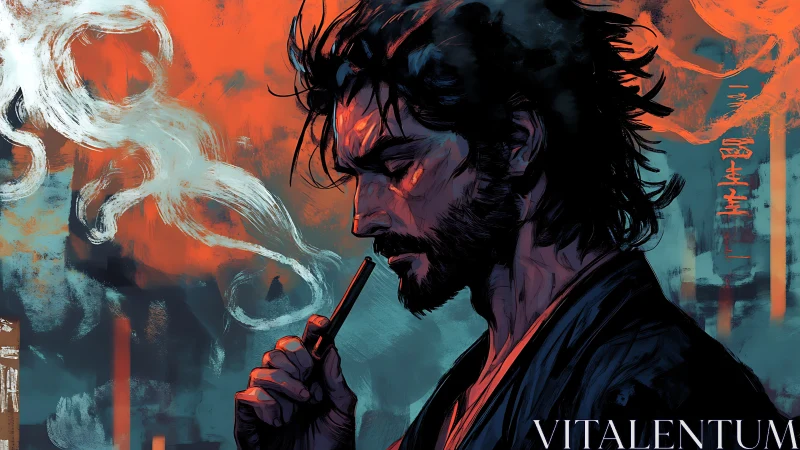 Brooding wanderer framed by swirling smoke and city glow.