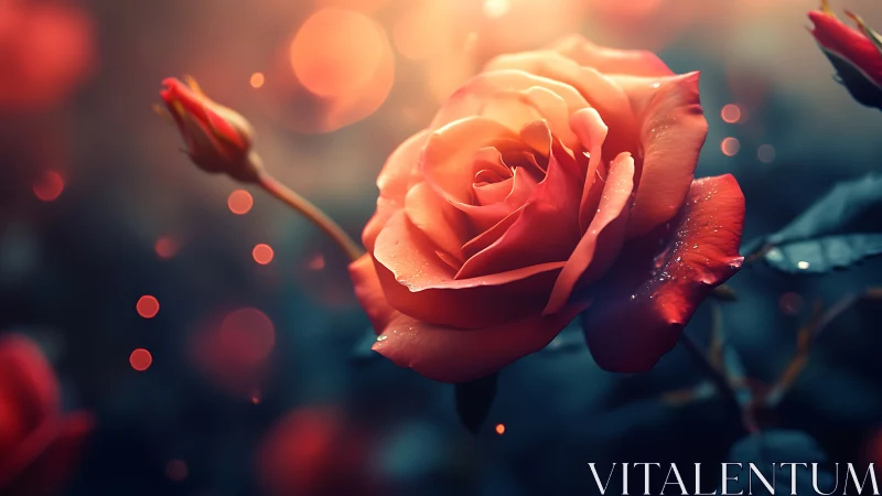 Coral Rose with Bokeh Particles in Warm Light