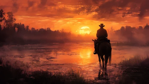 Rider on horseback crossing shallow water at sunset period.