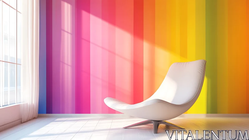 Modern white lounge chair against rainbow striped wall.