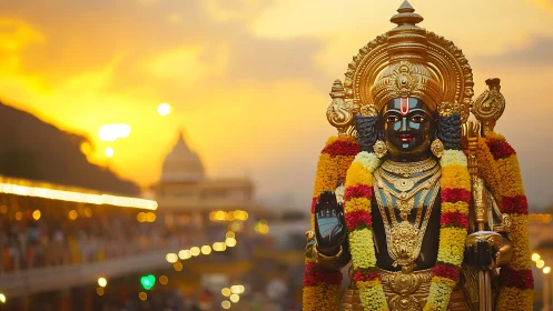 Gilded Hindu deity statue with garlands at warm sunset.