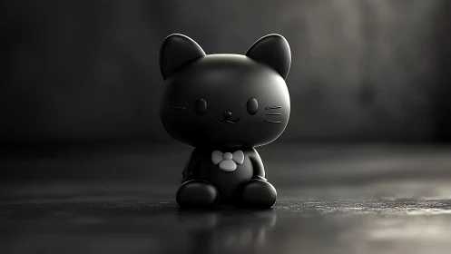 3D minimalist black cat figurine on cinematic dark ground.