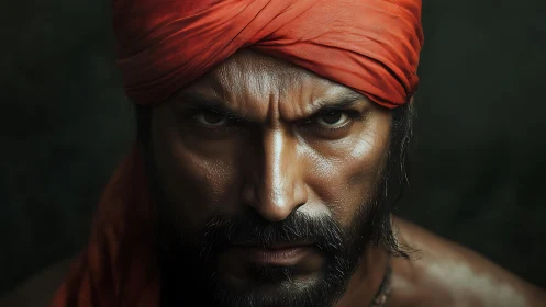 Storm-eyed warrior with crimson turban and unwavering stare.