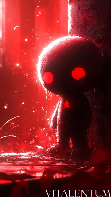 Crimson-lit doll figure beside decayed pillar in ruins.