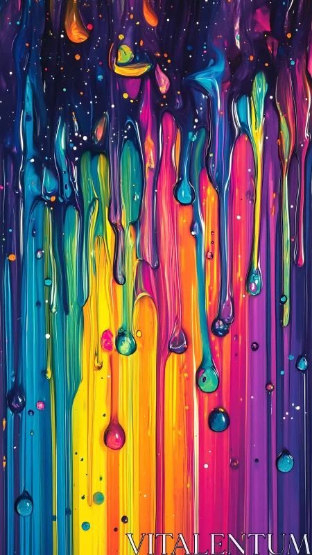 Vertical multicolor paint drips on dark contrasting ground.