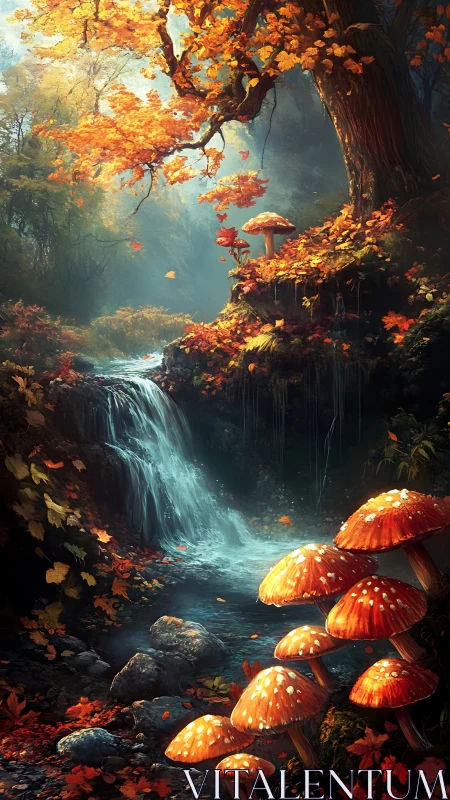 Autumn forest stream with luminous fungi and high-contrast lighting