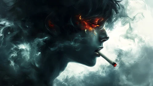 Smoke and embers curl around a quiet, fiery gaze.