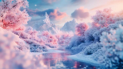 Iridescent winter river beneath pastel alpine peaks.