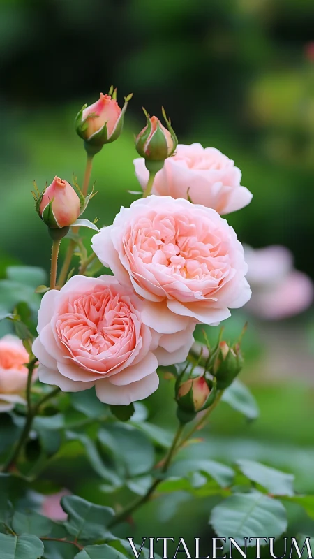 Pink garden roses at various bloom stages with visible buds