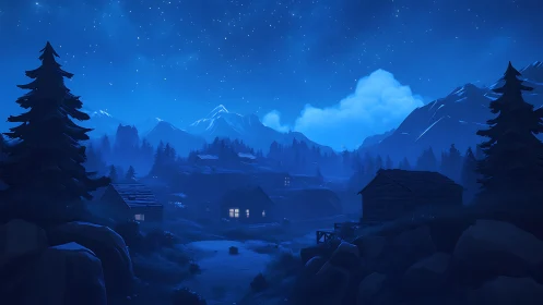 Midnight mountain village hums softly beneath starlit frost