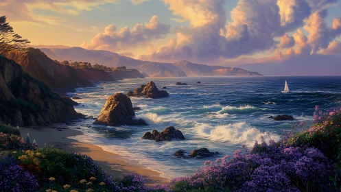 Sunlit coastal cliffs overlook vibrant wildflower surf