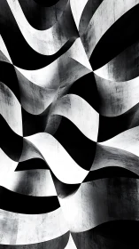 Undulating black and white ribbons carve bold optical depth.