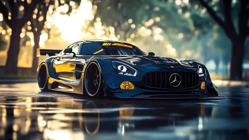 Sunlit street racer resting in a glossy morning puddle.