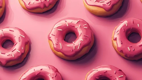 Pink frosted donuts arranged on glossy pastel backdrop.