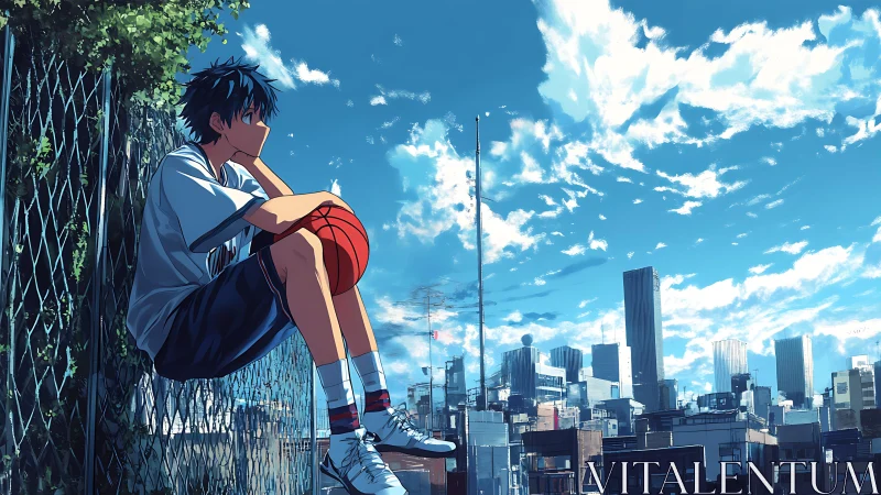 City-edge dreamer guards a quiet basketball under summer clouds