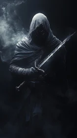 Mysterious hooded warrior poised with a ghostly blade.
