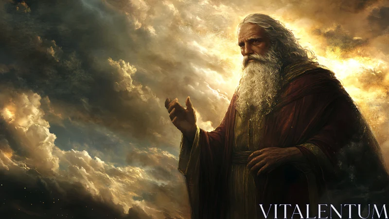 Ancient robed sage commands stormlit celestial clouds.