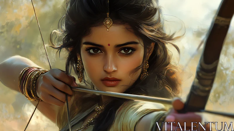 Warrior gaze turns the drawn bow into a quiet thunderstorm