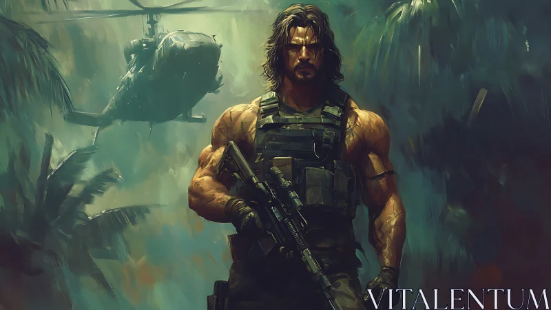 Jungle commando strides forward under a looming helicopter