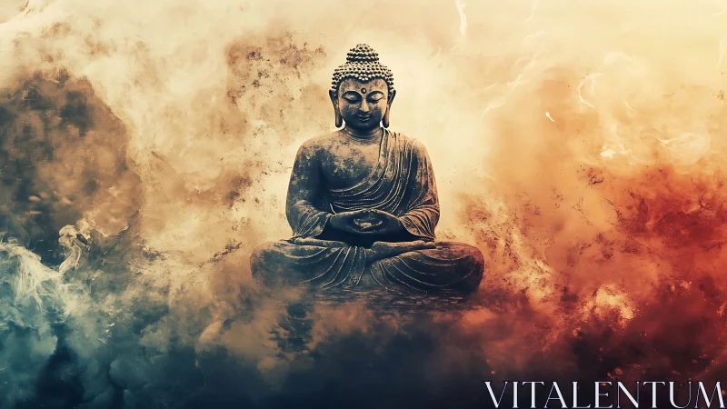 Serene Buddha statue in radiant smoke-filled aura backdrop.