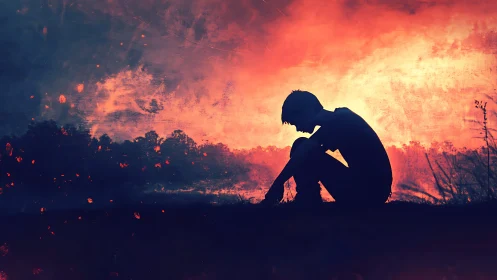 Silhouetted figure seated against vivid sunset backdrop.