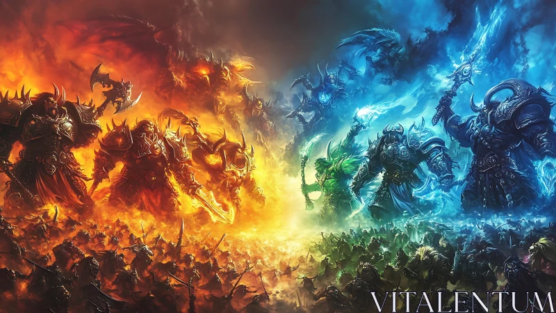 Epic fiery and icy armies meet in a glowing fantasy clash.